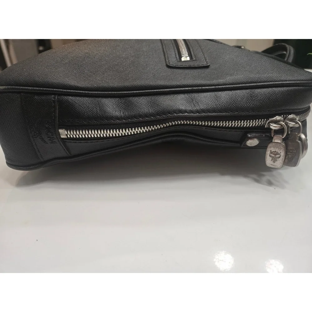 MCM Black Saffiano Leather Briefcase Laptop Bag Silver Hardware‎ Slim Business